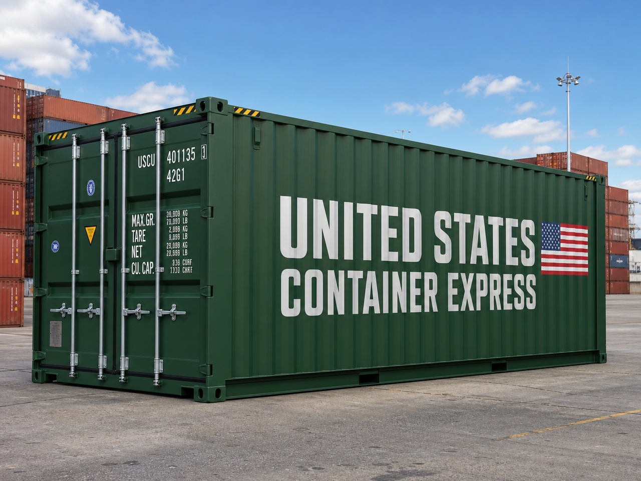 United States Container Express branded 20ft green shipping container with American flag